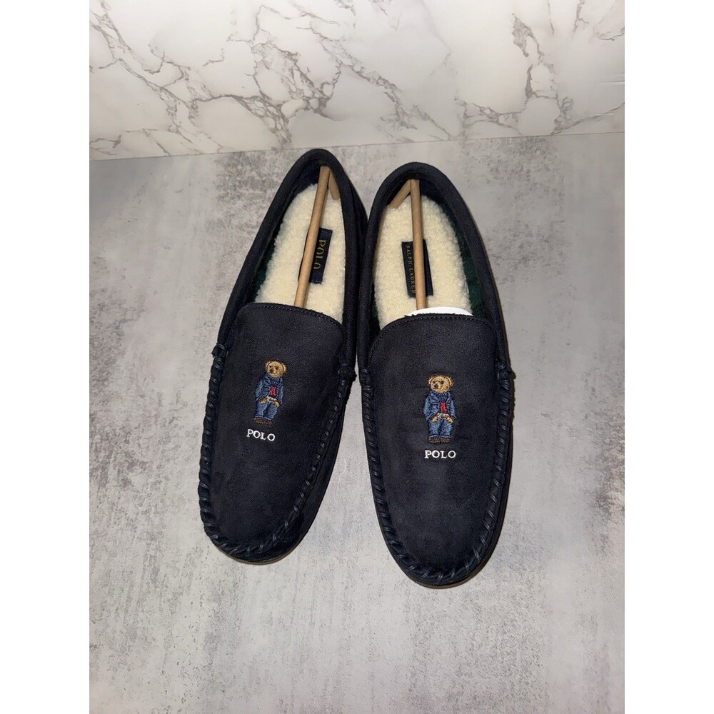 Polo Ralph Lauren Collins Bear Suede Moccasin Slippers Navy Size 11 - Picture 2 of 12